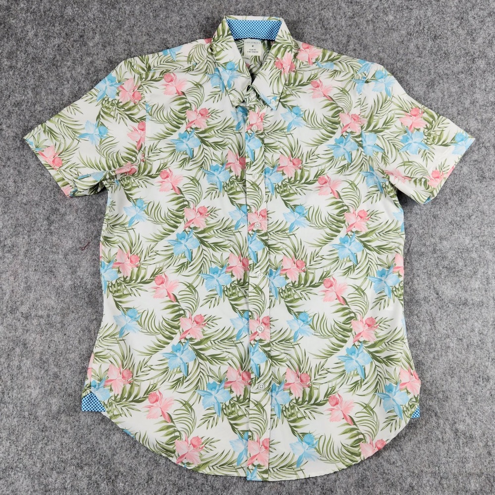 Con.Struct Shirt Men M White Tropical Floral Slim Fit 4 Way Stretch Summer Beach